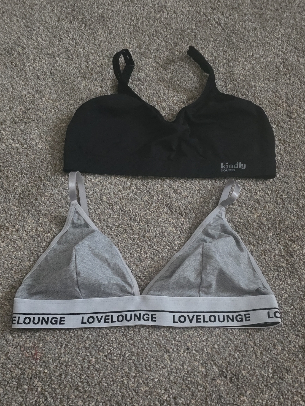 2 Bra's Kindly Yours Black Wireless Bralette & LoveLounge Gray Triangle Bralette